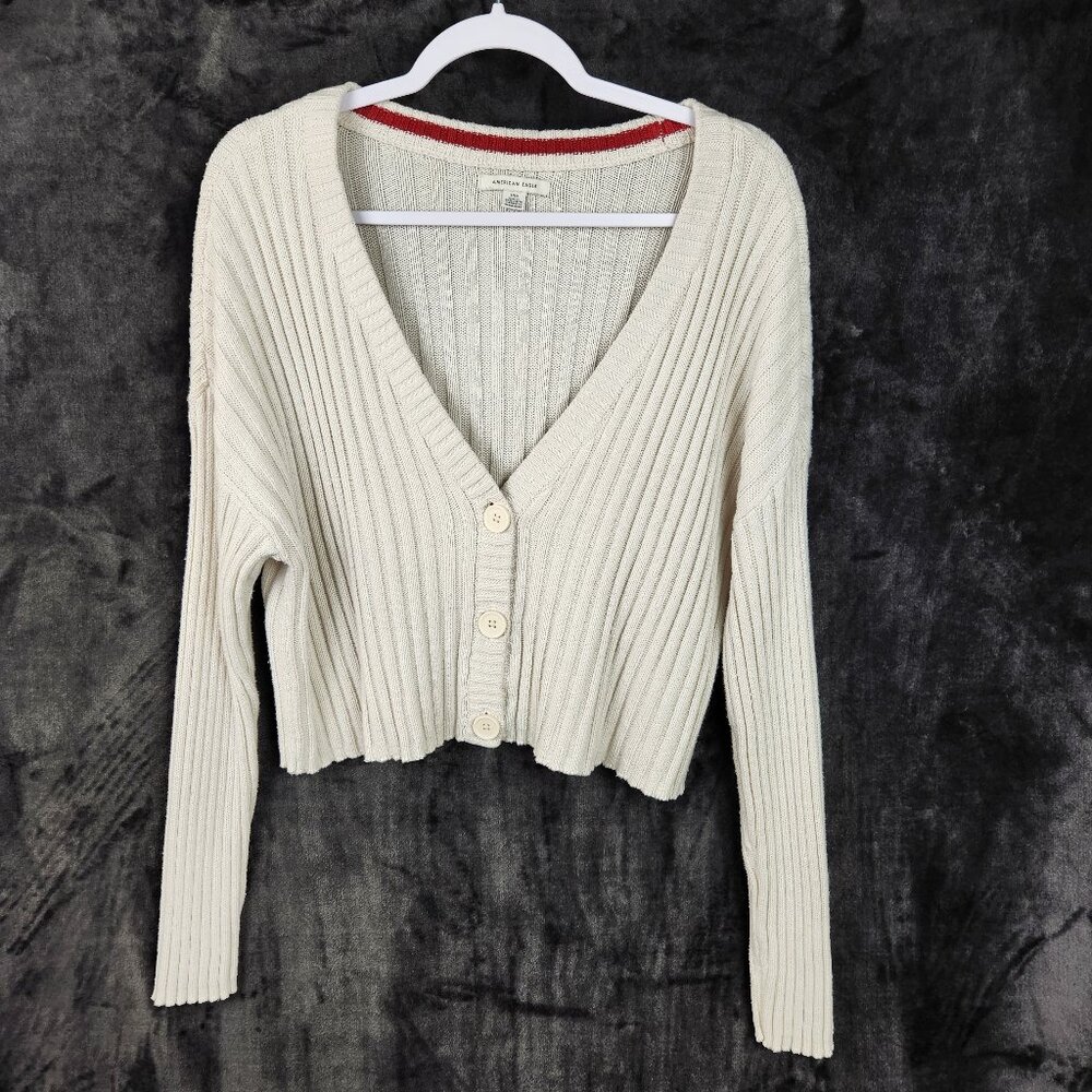 AEO American Eagle Women's V Neck Cardigan Size L Off White / Light Beige